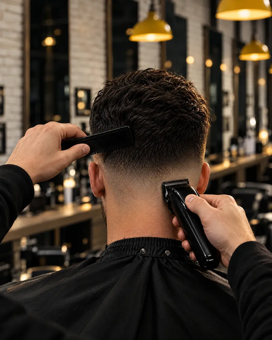 A skin fade being shaped with clippers and a comb